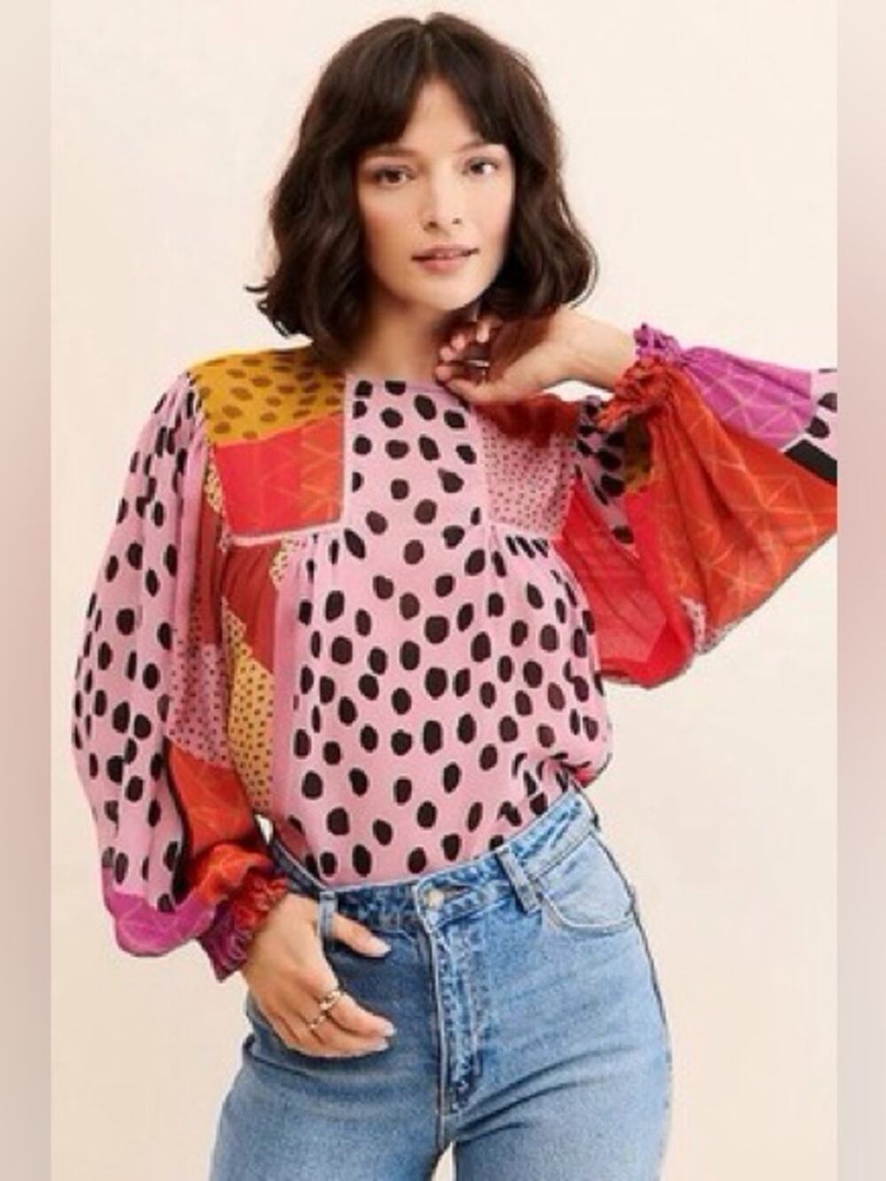 BL-NK Anthropologie Miranda Peasant Blouse Multicolored Bright Women's Size S